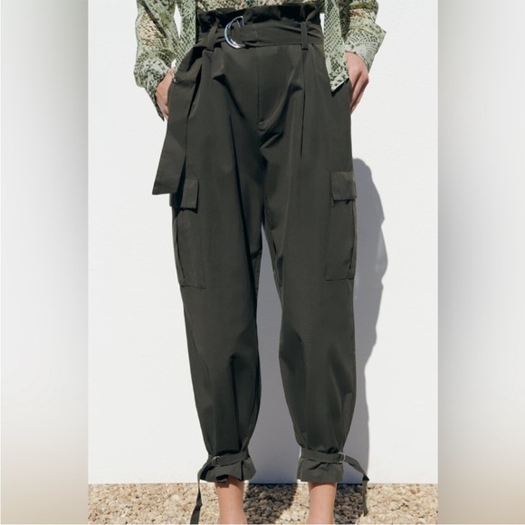 Zara Straight Cargo Pants Dark Olive Green Size M - Picture 1 of 8